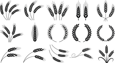 Various black wheat and laurel wreath designs on a white background