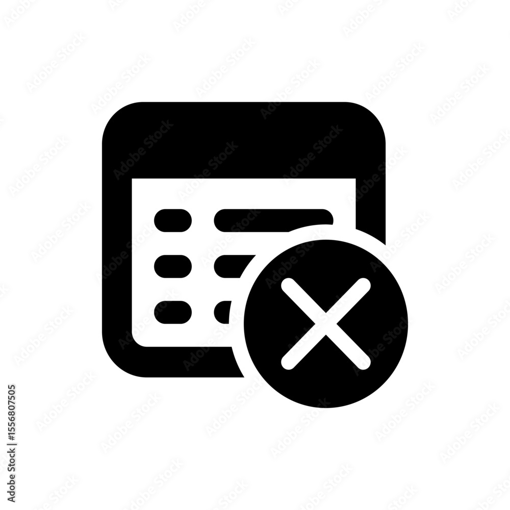 Poster black and white calendar icon with a delete or remove symbol over it in a simple vector style design