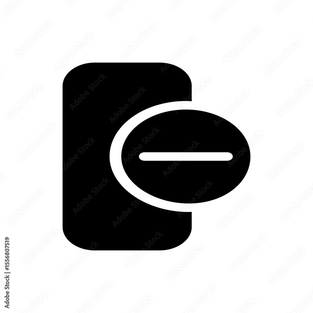 Poster black rectangle with rounded corners and a white circle with a horizontal line on the right side of 