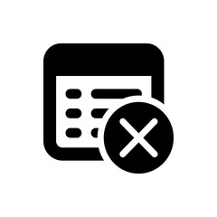 Black and white calendar icon with a delete or remove symbol over it in a simple vector style design