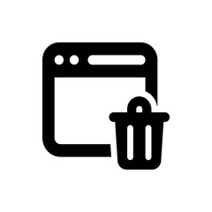 Black and white icon of a browser window with three dots and a trash can in the lower right corner