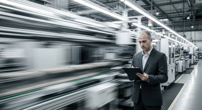 Man in suit with clipboard inspecting production line in factory with conveyor belts and machinery