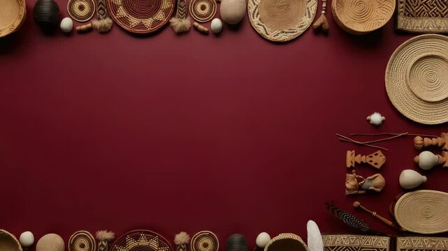 African-style woven baskets and feathers on maroon background