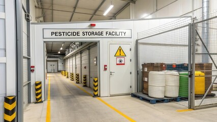 Industrial Pesticide Storage Facility with Warning Sign and Containers