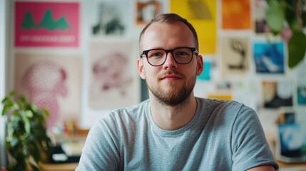 A young European male graphic designer in a casual setting. He is smiling while seated in a creative workspace filled with design inspiration.