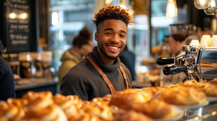 A joyful young male barista smiles warmly in a cozy coffee shop, surrounded by freshly baked goods, creating an inviting atmosphere for customers.