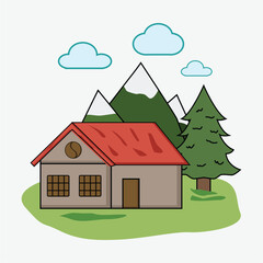 Charming Mountain Cabin Illustration Cozy Home in Nature Scene