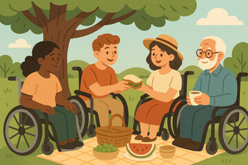 Group of Diverse People in Wheelchairs Sharing Picnic Under Tree - Soft Friendly Illustration