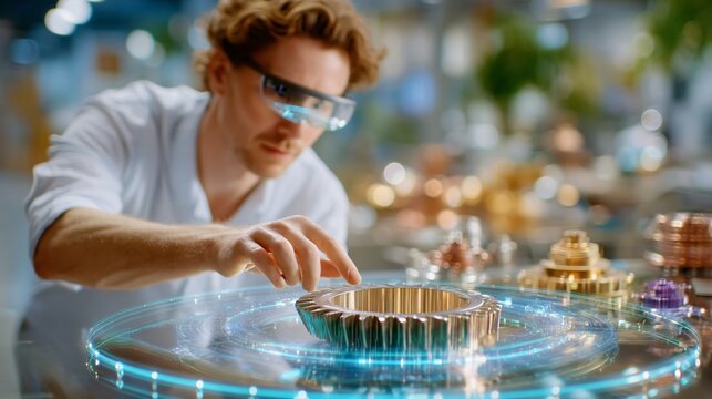 Male Engineer Using Augmented Reality Glasses to Inspect Precision Gear Mechanism