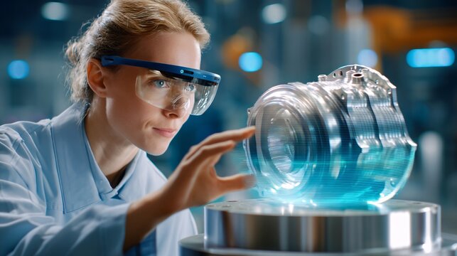 Female Engineer Using Augmented Reality to Inspect a 3D Model of a Machine Part in a Factory