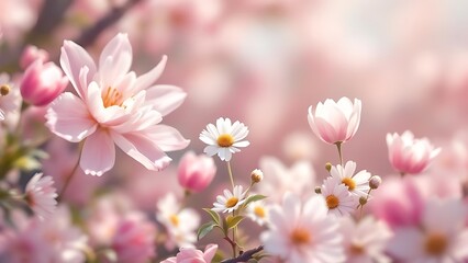 Fototapeta premium Soft pastel flowers bloom in spring light. Ideal for templates, invitations, and seasonal product visuals