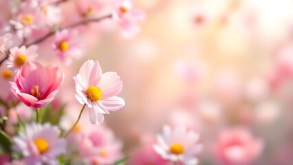 Obraz premium Soft pastel flowers bloom in spring light. Ideal for templates, invitations, and seasonal product visuals