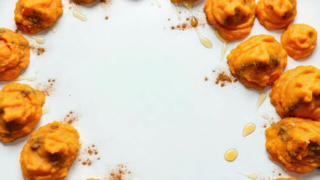 Pumpkin puree topped with cinnamon and honey, displayed in circular pattern
