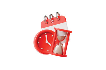 3d Time management concept. urgent work. fast service. stopwatch with hourglass and calendar. Minimal cartoon timeclock with sandclock time management icon isolated on white background. 3d render.