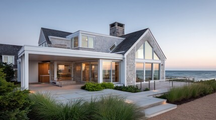 A contemporary Cape Cod home with smooth white trim large windows overlooking the ocean photographed in twilight with