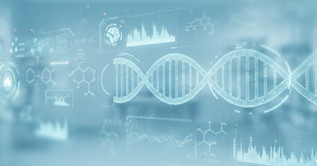 Abstract digital depiction of dna strands and scientific data in a blue hue. Suitable for biotech presentations, genetic research visuals, or futuristic branding scenes