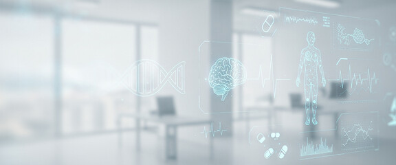 Bright office interior with desks computers and large windows blurred background. Perfect for corporate biotech themes, digital workspace branding