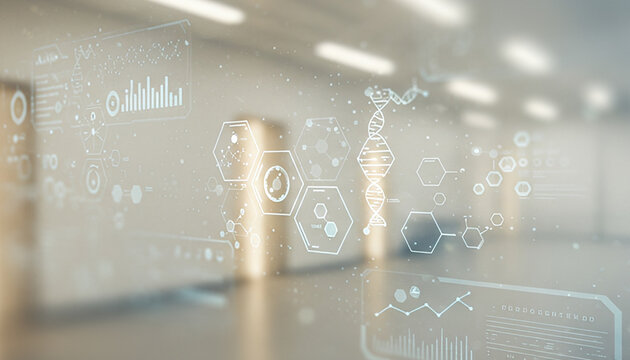 Blurred empty room interior with digital overlay of graphs and data visualizations. Ideal for science-driven branding, medical data platforms, or biotech visuals showing