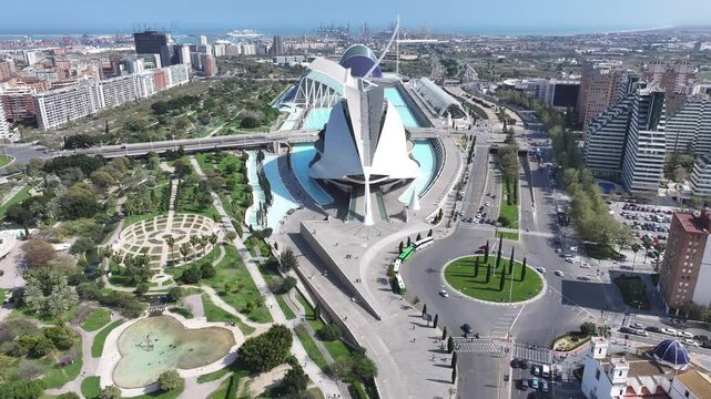 Arts Palace In Valencia Valence Community Spain. Bird Eye View Of Famous Building In Vibrant District Of City. Town Sky Background Backgrounds Urban. Town Exterior Panoramic City.