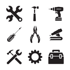 Assorted black silhouette icons of hand tools and construction equipment vector illustration on white background