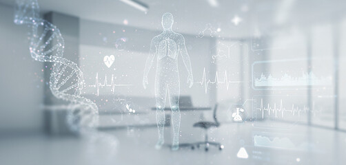 Office interior with desk chair and dna helix overlay in white tones. Perfect for clinical biotech mockups, DNA tech visuals, or digital healthcare branding in a sterile and clean environment.