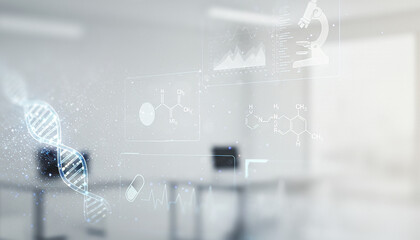 Blurred office interior with dna helix and data visualizations overlayed on the scene. Suitable for biotech diagnostics visuals, health tech branding