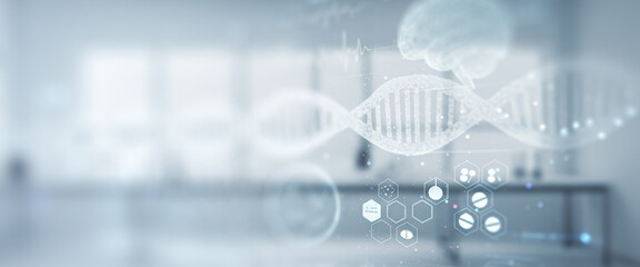 Blurred office background with a floating dna helix structure overlayed in white. Great for futuristic diagnostics branding, clean science scenes