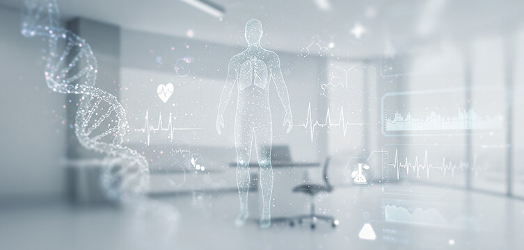 Office interior with desk chair and dna helix overlay in white tones. Perfect for clinical biotech mockups, DNA tech visuals, or digital healthcare branding in a sterile and clean environment.