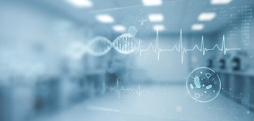 Blurred laboratory background with dna strand heartbeat and cells graphic overlays. Best for science communication visuals, biotech product branding, or futuristic healthcare UI concepts.