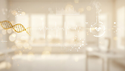 Blurred room with dna helix and abstract shapes science technology concept. Perfect for biotech branding, innovation scenes, or digital science communication visuals