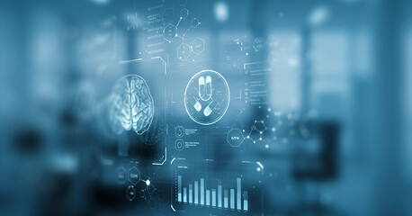 Abstract digital interface overlayed on blurred office space displaying data and graphics. Great for health platform branding, futuristic software visuals, or biotech data UI presentations.