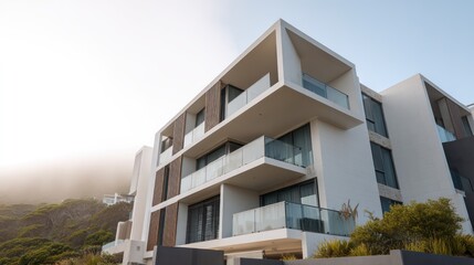 Fototapeta premium A contemporary coastal mansion with white ceramic wall textures cantilevered balconies shot with soft morning sunlight subtle atmospheric