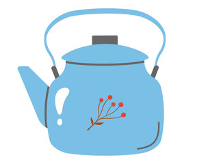  blue teapot with red berries, perfect for tea related designs, autumn or cozy kitchen themes.
