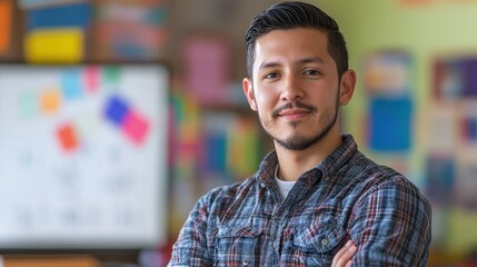 Portrait of a young Hispanic male teacher in a classroom, exuding confidence and professionalism. The colorful background reflects a vibrant learning environment.