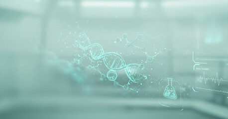 Abstract light blue network or molecular structure in a blurred laboratory setting. Ideal for futuristic health tech branding, UI overlays, or clean science communication backgrounds.