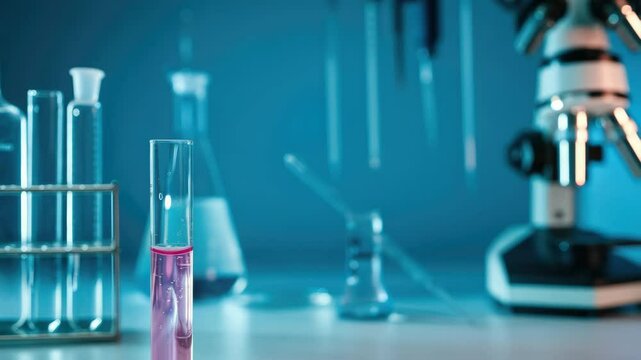 Laboratory equipment with beakers, test tubes, and microscope, scientific research concept