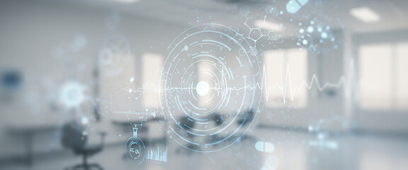 Modern office with abstract digital overlay featuring circles and glowing points. Designed for biotech UI mockups, software innovation branding, or futuristic tech illustrations.