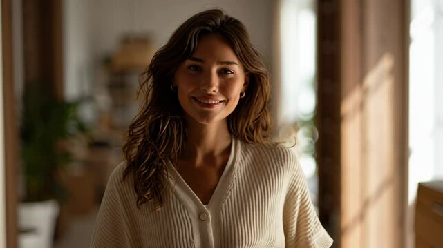 female white model holding Amazon delivery boxes in a beautifully designed modern home