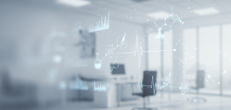 Blurred office interior with desks chairs computers and abstract network overlay. Ideal for digital health branding, biotech interface scenes, or futuristic innovation backgrounds.