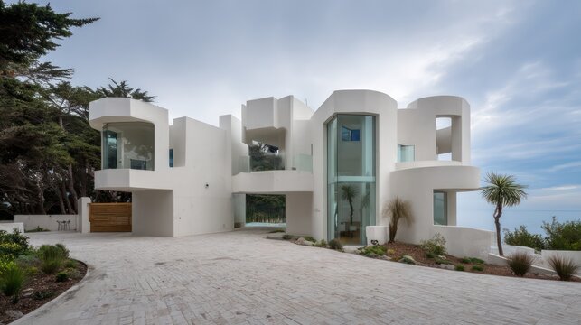 A contemporary coastal mansion formed from modular white concrete blocks with sculptural forms tinted glass breezeways captured during