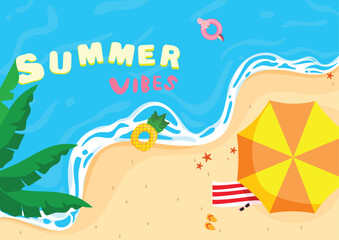 Summer vibes on a sunny beach with ocean, palm trees and float


