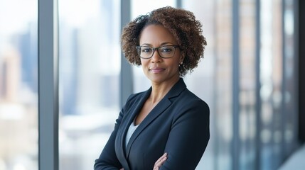 A confident middle-aged Black woman in a business suit poses in a modern office with a stylish backdrop, showcasing leadership and professionalism.