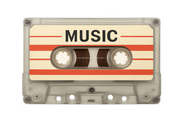 Obraz premium Vintage audio cassette tape showing music label, resting on transparent surface, capturing analog sound recording memories with sharp detail and nostalgic essence