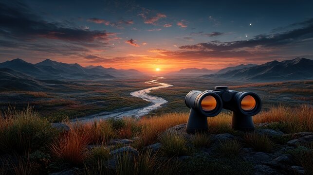 Mountain vista at sunrise, binoculars - Powered by Adobe