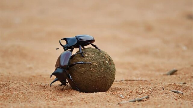 Two horned black beetles on dung ball in sandy natural environment