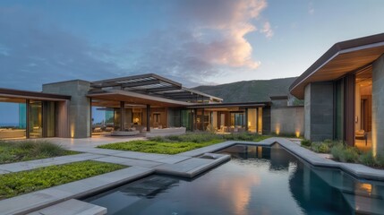 Naklejka premium A contemporary coastal mansion with recessed ocean-facing courtyards metallic pergolas captured at sundown with silhouetted structure lines warm-to-cool