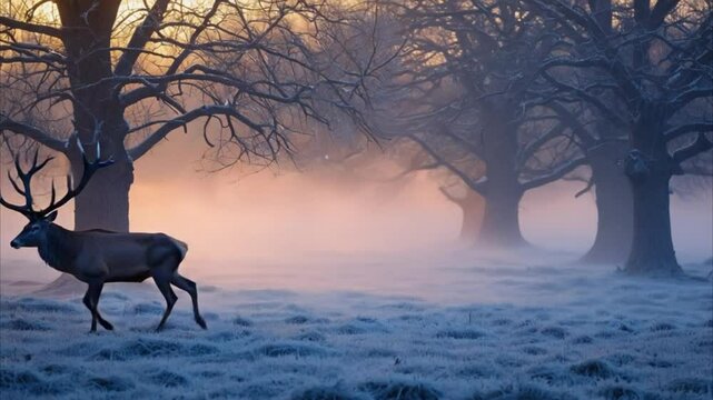 Majestic stag standing in frosty meadow with morning mist and leafless trees