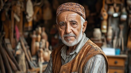 Naklejka premium A close-up portrait of an elderly Middle Eastern man showcasing his skilled artisan work amidst a rustic workshop filled with traditional tools and craft items.