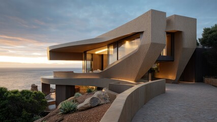 A contemporary coastal mansion shaped by the coastline??a,?a,,?s contour with fluid architectural geometry sea-weathered materials shot in golden
