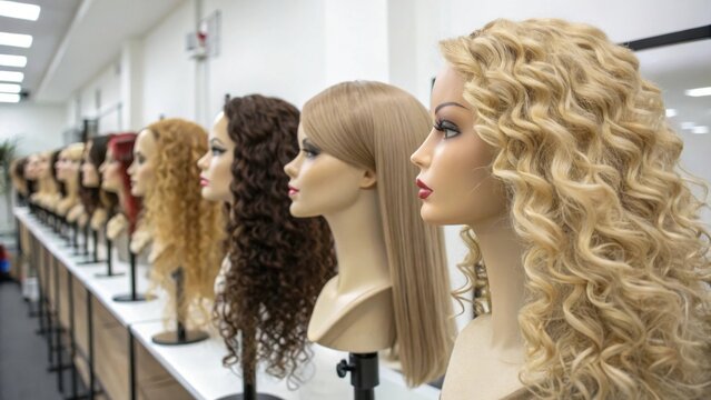 Display of Diverse Synthetic Hairstyles on Mannequin Heads